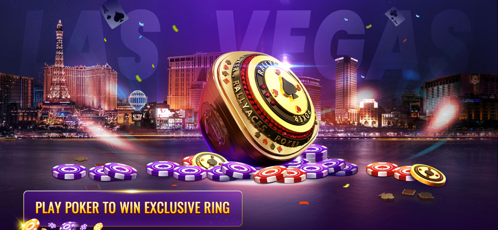 RallyAces Poker - Texas Holdem - Un anello da campionato RallyAces Poker dorato e chip da poker sullo sfondo del skyline notturno di Las Vegas.