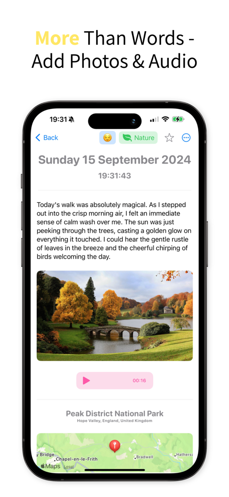My Journal: Daily Mood Diary - An iPhone screenshot of a journal entry containing a photo, an audio recording, and a location map.