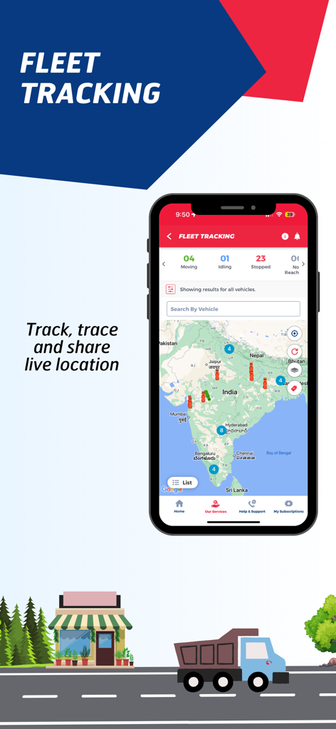 Live-Flottenverfolgungskarte, die Fahrzeugstandorte in der MY EICHER App anzeigt.