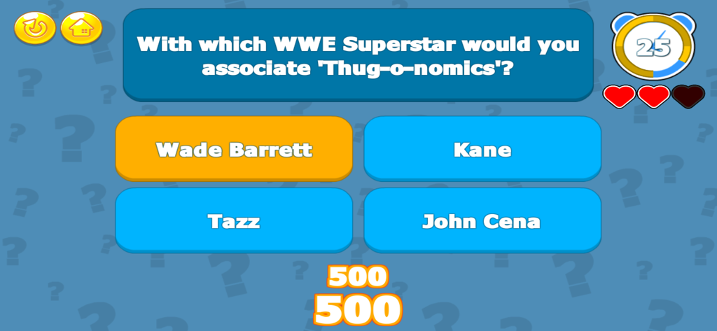 Wrestling Trivia­ - Gameplay screen of the Wrestling Trivia app featuring a multiple-choice question about a WWE Superstar.