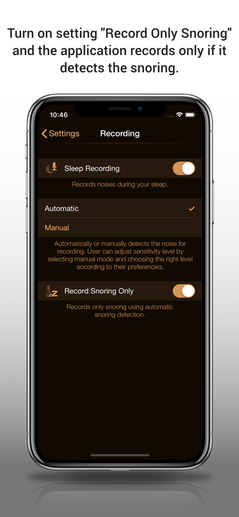 iPhone interface of Snore Control app showing recording and snoring detection settings