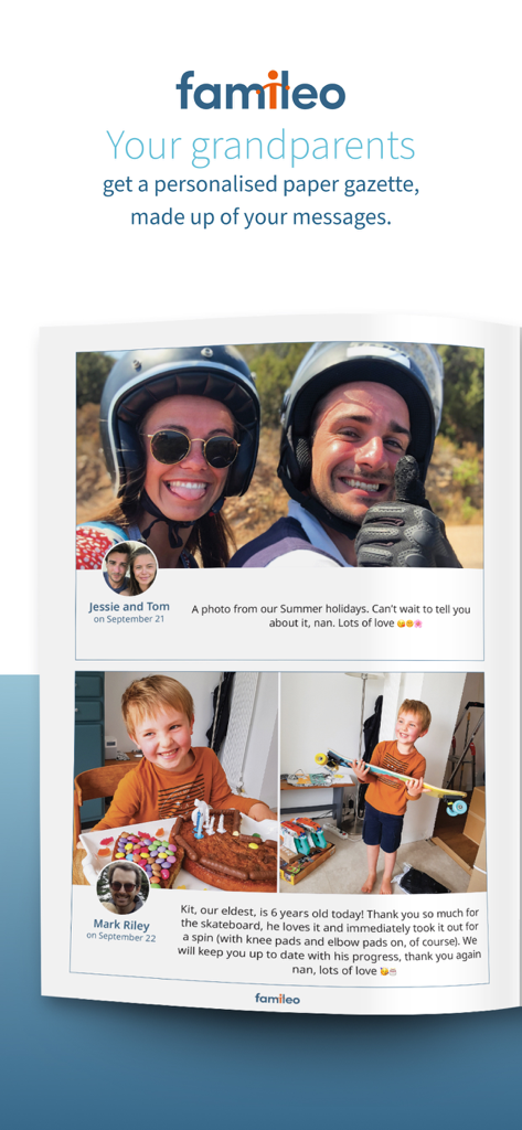 Un exemple de page d'un journal familial imprimé Famileo présentant des photos et des messages personnels pour les grands-parents