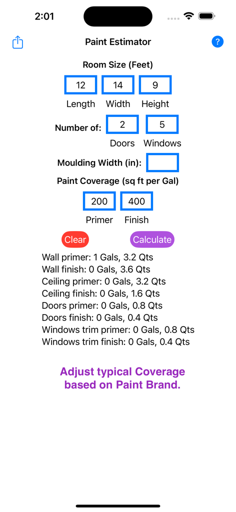 Room Paint Estimator app interface showing calculated paint quantities for walls and trim based on room dimensions