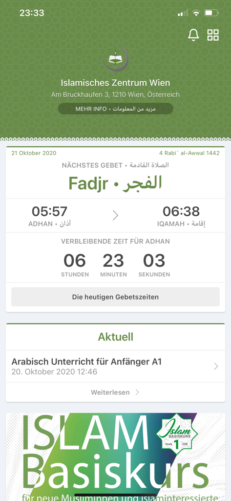 Dashboard der Islamisches Zentrum Wien App, das die Fadjr-Gebetszeiten und die neuesten Community-Nachrichten anzeigt.