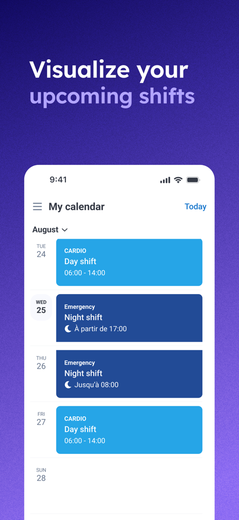 Petal Health - Petal Health App-Bildschirm, der einen Kalender mit bevorstehenden Krankenhausschichten anzeigt.