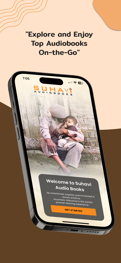Écran de bienvenue de l'application Suhavi Punjabi Audiobooks présentant une photo culturelle d'un aîné et d'un enfant