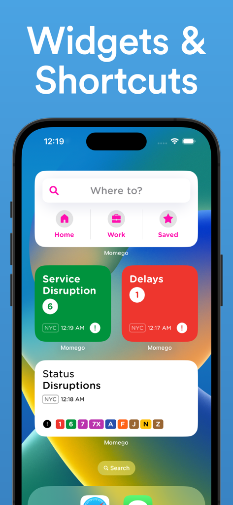 Chicago Transit: CTA Tracker - iPhone home screen displaying transit widgets for service disruptions, delays, and navigation shortcuts