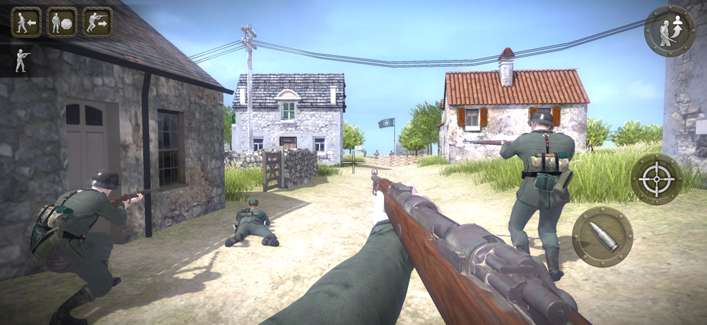 Battlefront Europe: WW2 Heroes - Vista en primera persona de un soldado sosteniendo un rifle en un escenario de pueblo de la Segunda Guerra Mundial