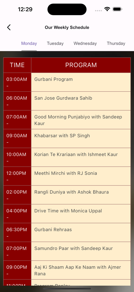 Radio Mirchi 1310 AM - Weekly program schedule for Radio Mirchi 1310 AM showing Monday show times and titles
