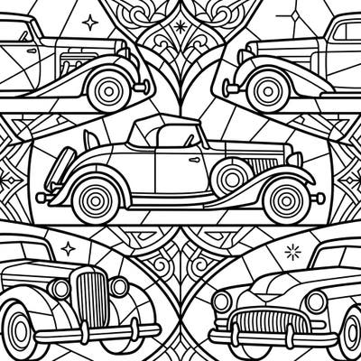 Take a colorful journey back in time with our captivating Classic Cars Stained Glass coloring page. This intricate design blends vintage automobiles with the striking beauty of stained glass art, perfect for enthusiasts of all ages.