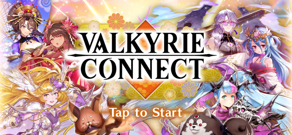 VALKYRIE CONNECT - Tela de título do JRPG móvel Valkyrie Connect com vários heróis de anime e o texto toque para começar