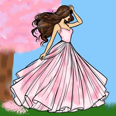 realistic woman with dress flowing in the wind