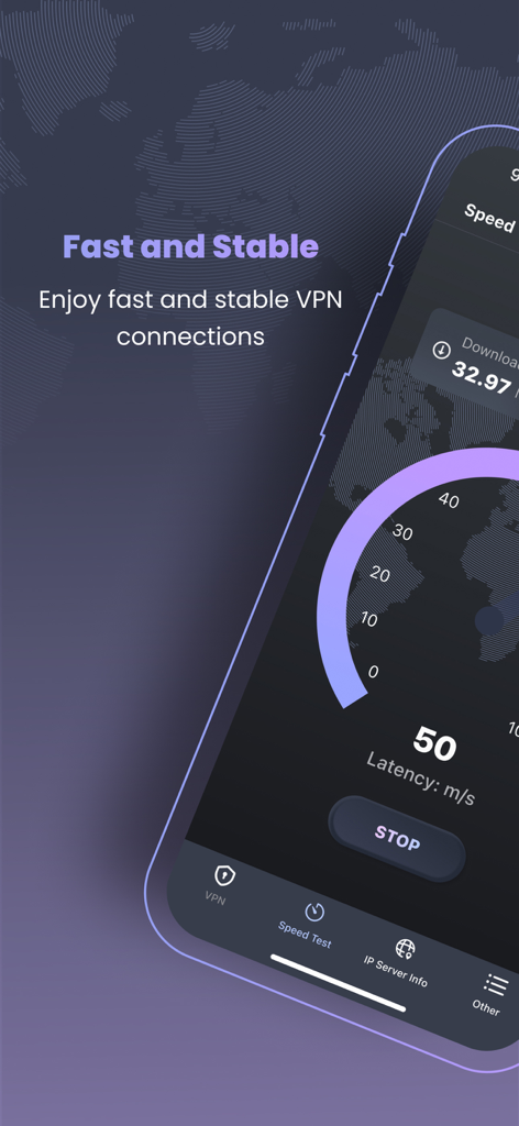Écran de l'application mobile Owl VPN montrant un test de vitesse pour des connexions rapides et stables