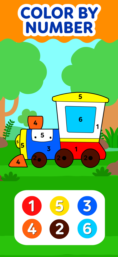A color by number game for kids showing a colorful train in a green field