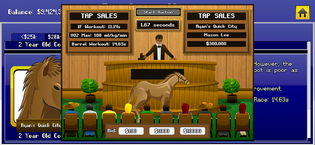 Tap Derby: Horse Racing - A horse auction screen in Tap Derby showing bidding options and horse performance stats for potential buyers