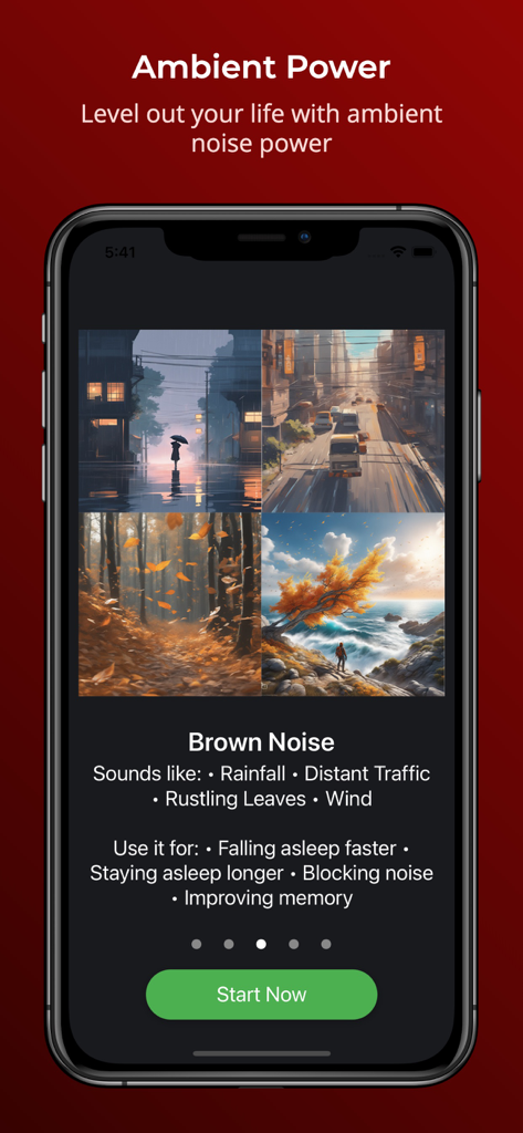 Ambient Noise: for Sleep/Study - A smartphone screen displaying the Ambient Noise app with details about Brown Noise benefits for sleep and study
