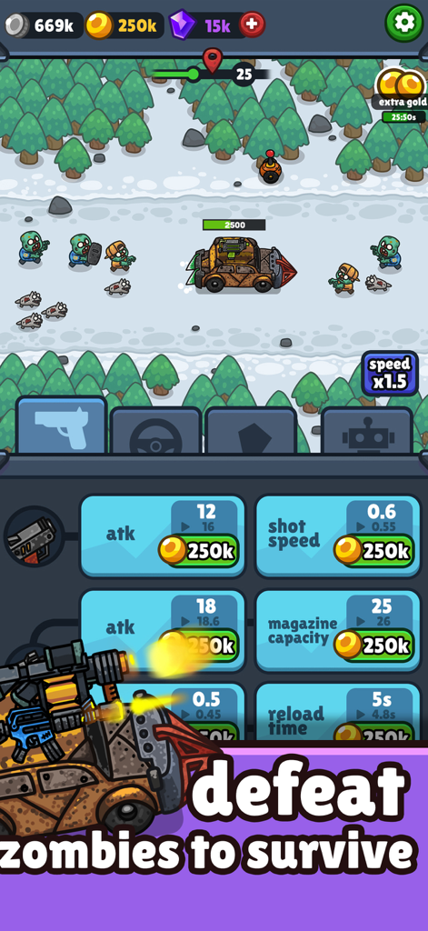 Undead Shooter: Idle Highway - Jugabilidad de Undead Shooter Idle Highway mostrando mejoras de vehículos y combate contra zombis