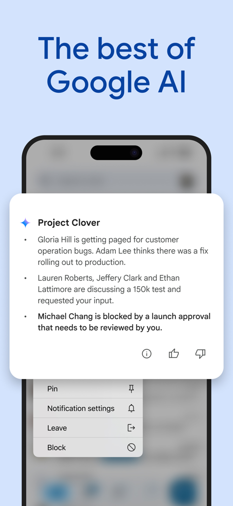 글머리 기호로 된 상태 업데이트와 함께 팀 프로젝트에 대한 AI 생성 대화 요약을 보여주는 Google Chat 모바일 인터페이스.