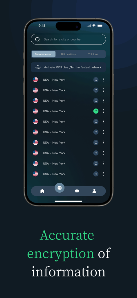 VPN - New VPN Planet Buck - Interface of the VPN Planet Buck app displaying a list of available USA servers on an iPhone
