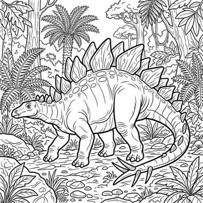 Journey back to the age of dinosaurs with this captivating Stegosaurus coloring page. Immerse yourself in a prehistoric jungle scene, ready for your creative touch.