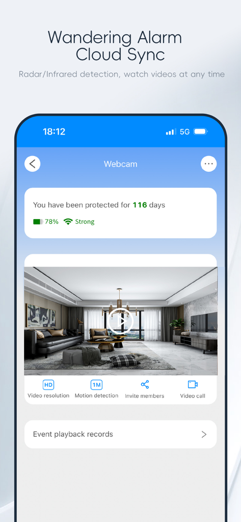USmart Go - Interfaccia dell'app USmart Go per il monitoraggio remoto tramite webcam e il rilevamento del movimento in un soggiorno