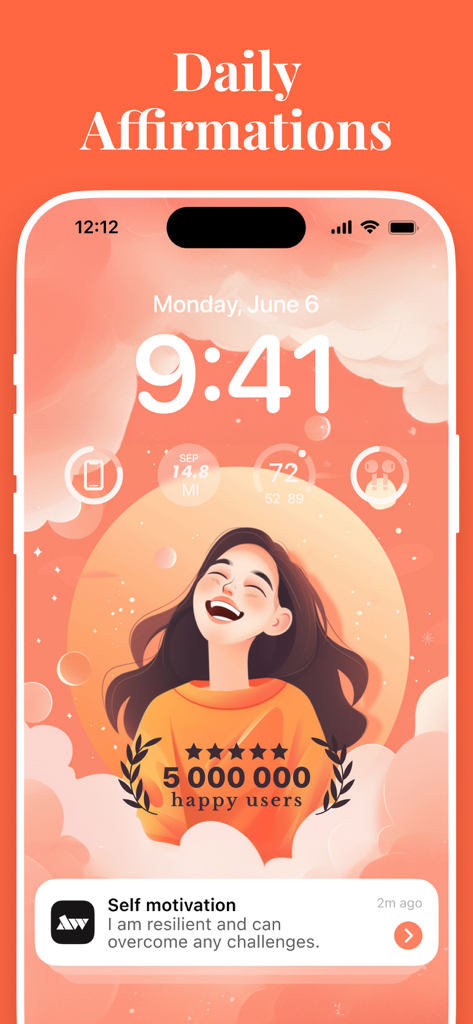 Awake: Motivation Affirmations - Pantalla de bloqueo de iPhone con una notificación de afirmación diaria y una ilustración de una mujer feliz para la aplicación Awake