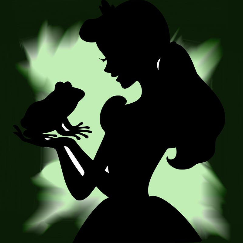 a shadow of a princess holding a frog realistic