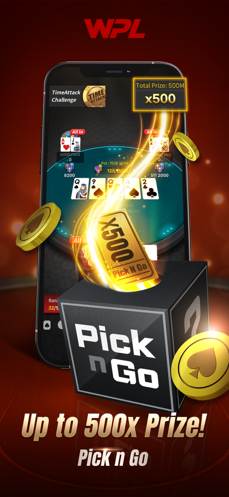 World Poker League mobile app interface showing the Pick n Go feature with a 500x prize multiplier.