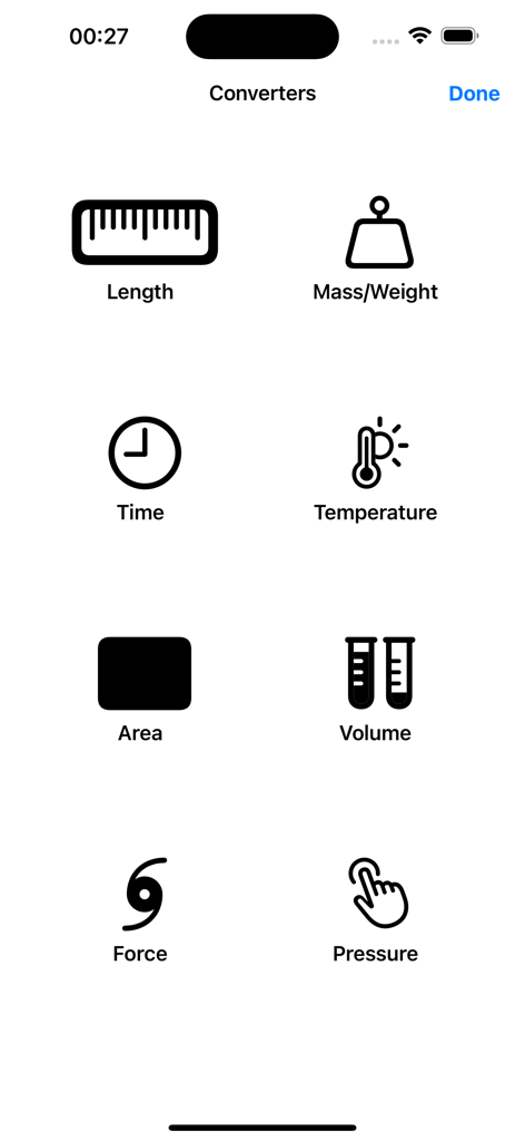 Interfaz de la Calculadora de GONGYIXING mostrando opciones de conversión de unidades para longitud, masa, tiempo, temperatura, área, volumen, fuerza y presión.