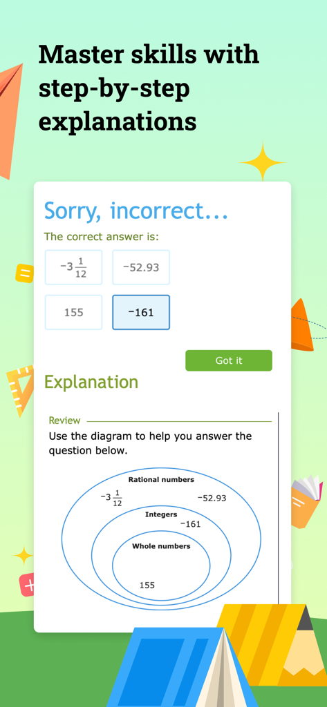 IXL app interface showing a math feedback screen with step by step explanations and a number system Venn diagram