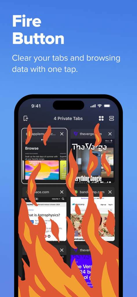 탭과 브라우징 데이터를 지우는 Fire Button 기능을 보여주는 DuckDuckGo 앱.