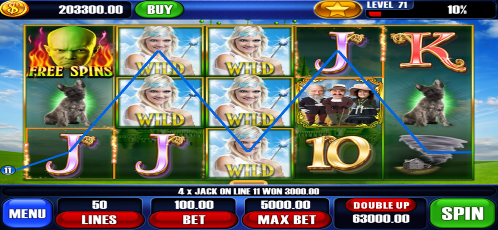A screenshot of Oz 2 Slots showing a winning spin on a Wizard of Oz themed slot machine.