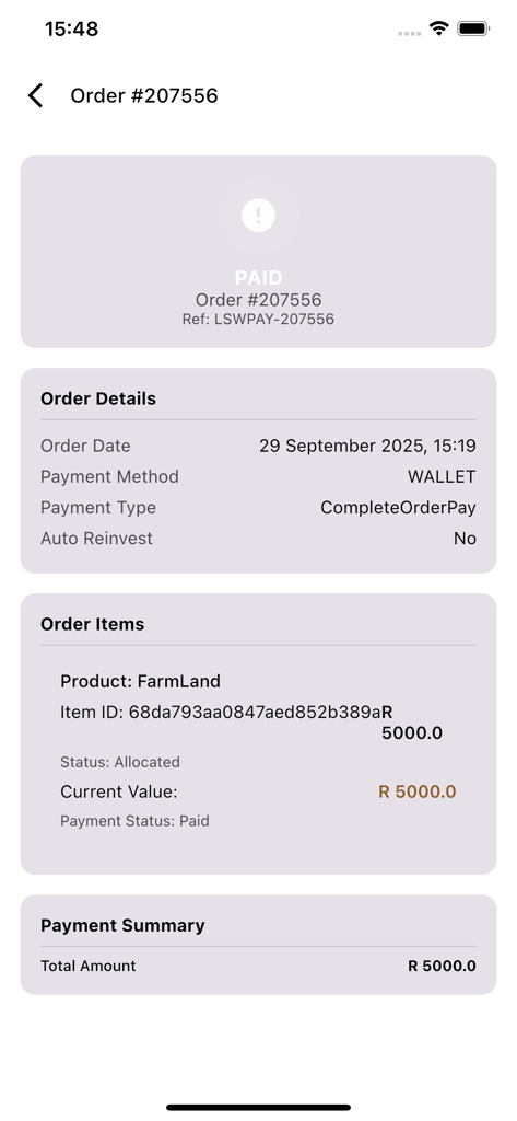 Livestock Wealth - Livestock Wealth app screen showing a paid order summary for a FarmLand investment.