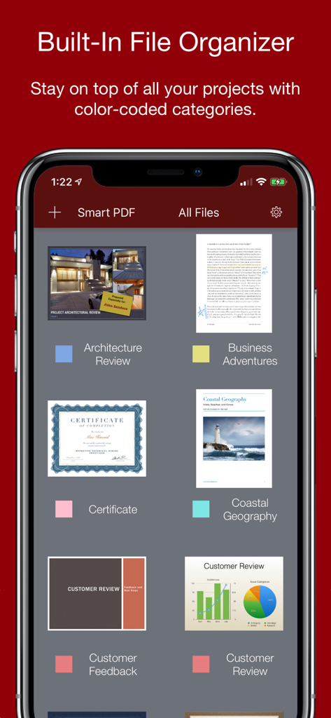 Smart PDF+ Editor - ドキュメント用の色分けされたカテゴリを持つ内蔵ファイルオーガナイザーを表示しているSmart PDF Plus エディタのアプリ画面