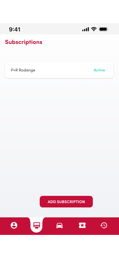Captura de pantalla de la sección Suscripciones en la aplicación P+R CFL que muestra una suscripción activa para P+R Rodange