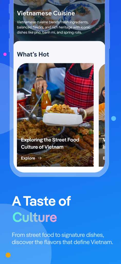 Visit-Vietnam - Visit Vietnam mobile app screen showcasing Vietnamese street food culture and local cuisine recommendations