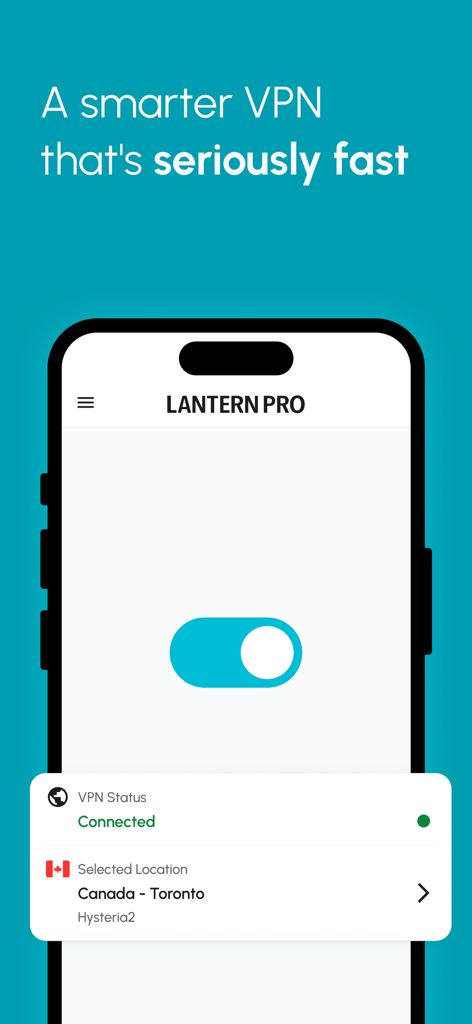 Lantern: Fast, Secure VPN - Interfaccia dell'app mobile Lantern Pro che mostra uno stato VPN connesso con una posizione del server in Canada