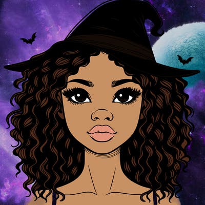 realistic black girl with wavy hair and witch hat and nose and lips