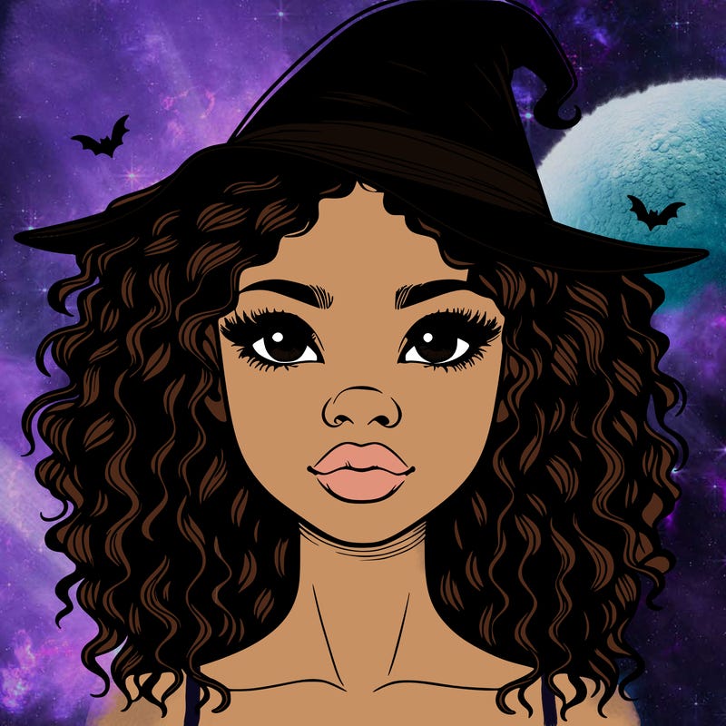realistic black girl with wavy hair and witch hat and nose and lips