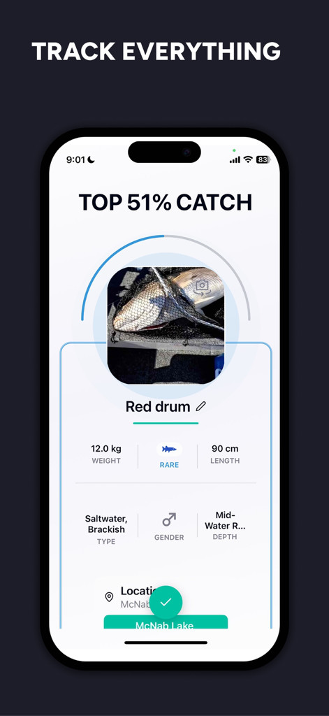 A screenshot of the Fish AI app displaying details for a logged Red drum catch including weight length and rarity