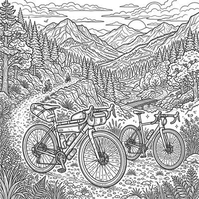 Gear up for an exciting coloring journey with this detailed scene of gravel bikes amidst a breathtaking mountain landscape. Explore winding trails, towering pines, and majestic peaks as you bring this outdoor adventure to life.