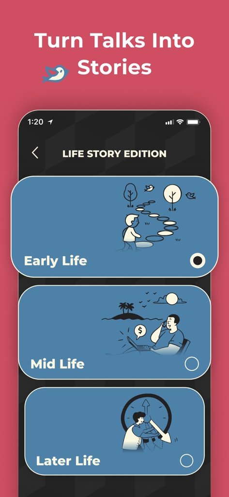 Interfaz de la aplicación Tales que muestra categorías de cartas de conversación de historias de vida para la Primera Infancia, Vida Media y Vida Posterior