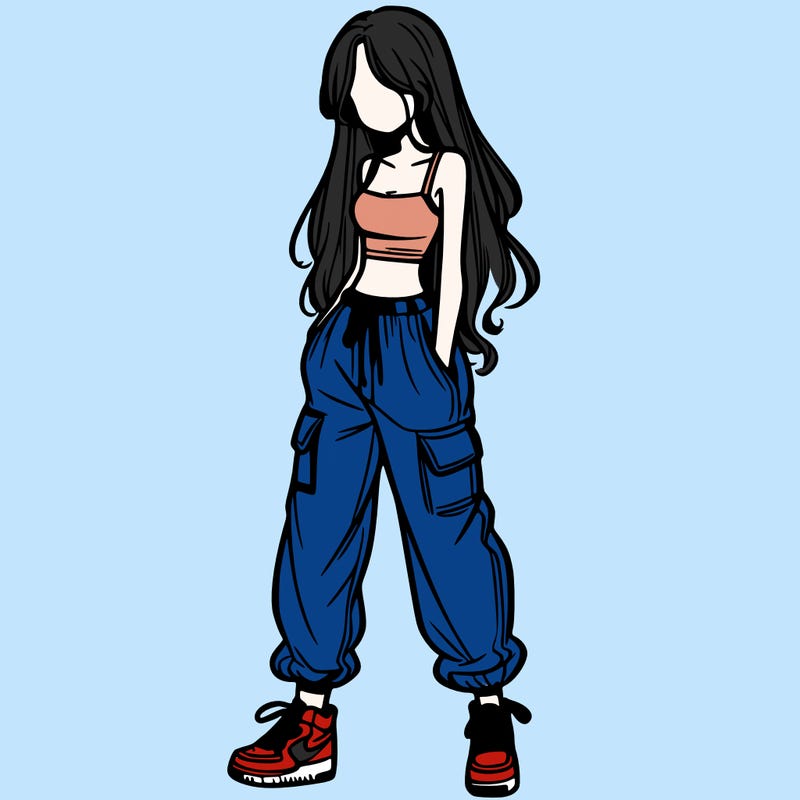 girl in baggy pants crop top and long hair