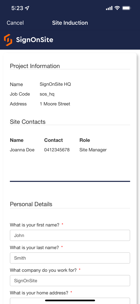 SignOnSite - Digital site induction form on the SignOnSite app showing project information and personal details