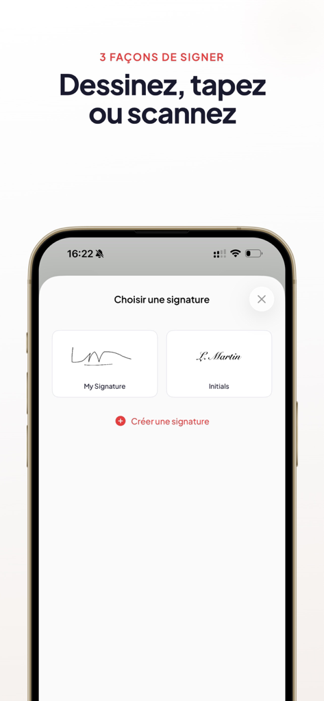 Tela do iPhone exibindo opções para criar ou escolher uma assinatura desenhando, digitando ou escaneando