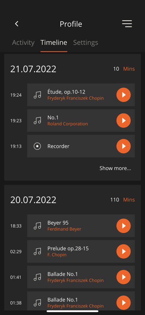 Timeline view of the Roland Piano App displaying practice history and recorded musical sessions.