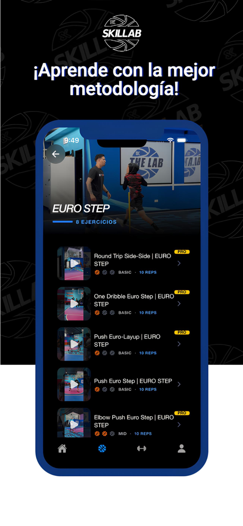 SKILLAB - SKILLAB app screen displaying a list of basketball euro step training exercises with video previews and difficulty levels.
