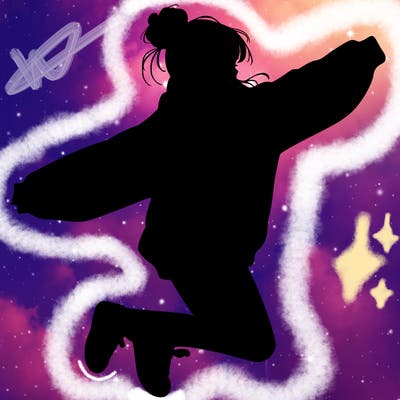 realistic girl jumping with a bun and oversized sweatshirt