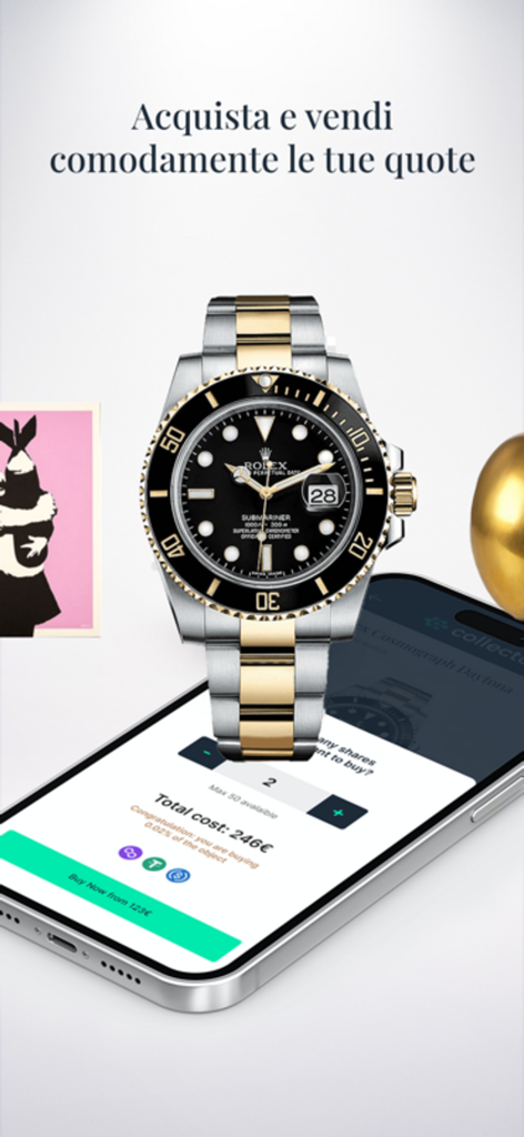 Collecto - Fractional Assets - A luxury Rolex watch above a phone showing the Collecto app interface for buying fractional shares.