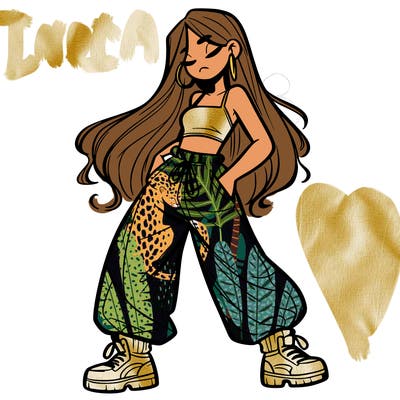 girl in baggy pants crop top and long hair